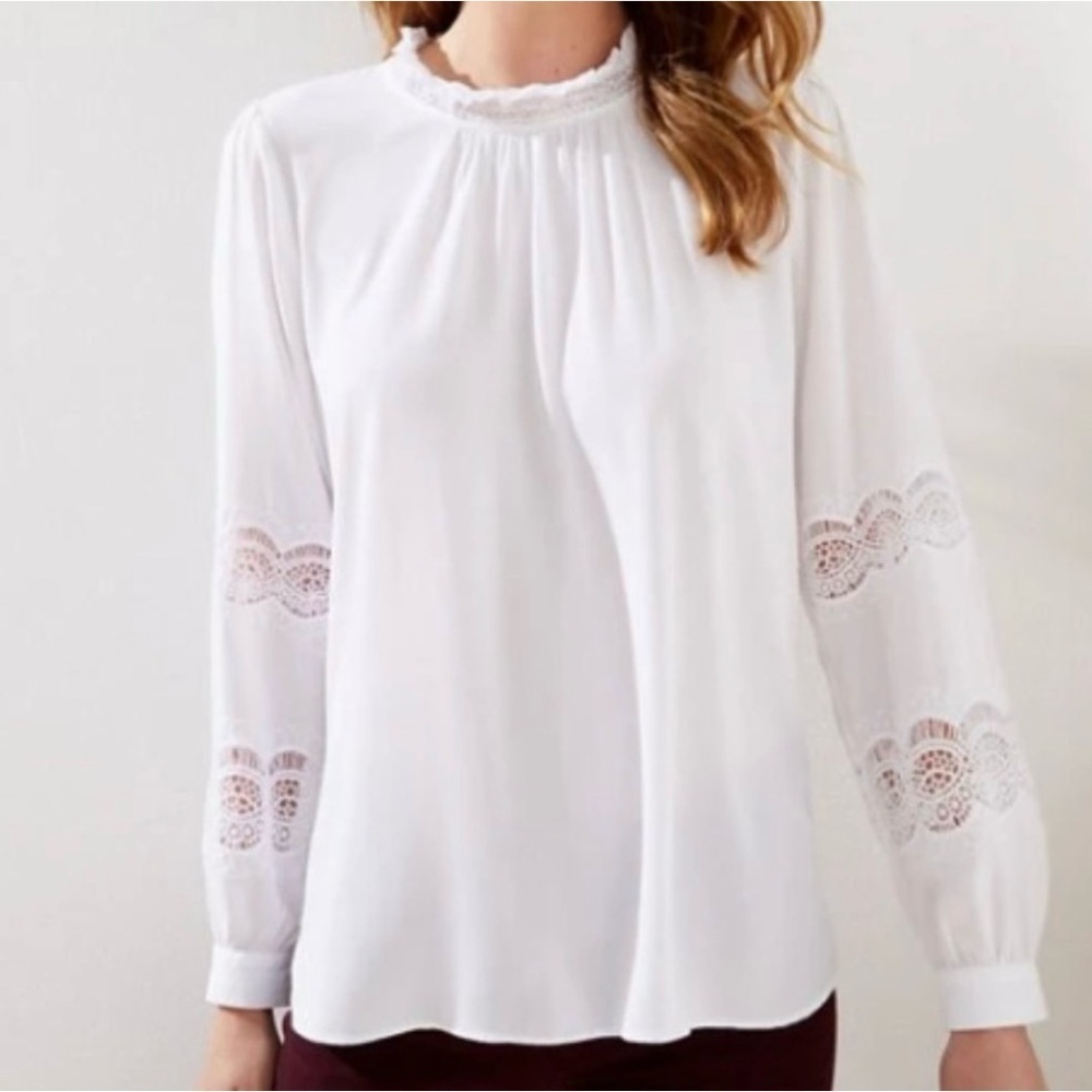 Loft Blouse Women Size XL White Lace Embroidery Vtg Look Classic Academia Cutout